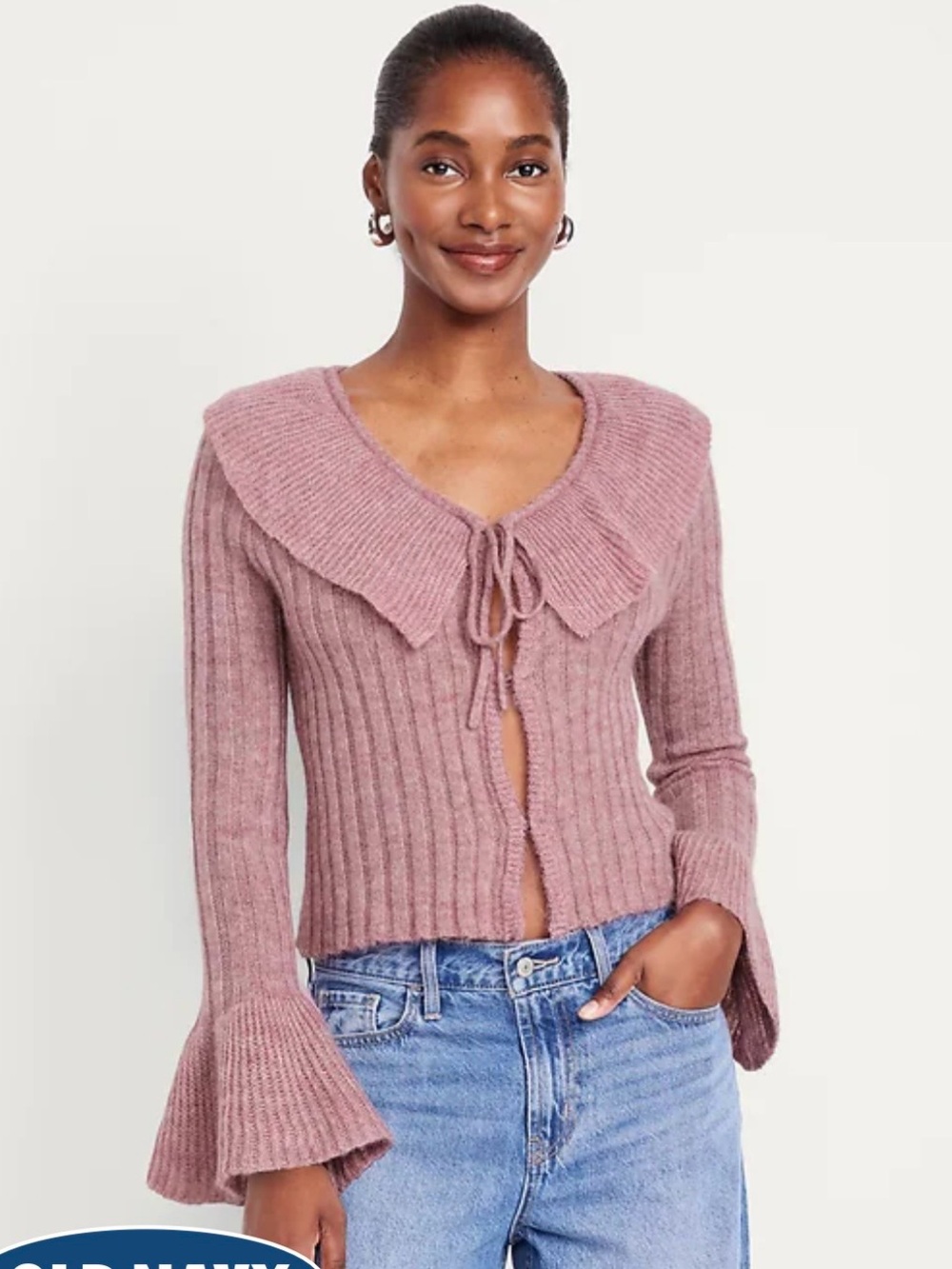 Old Navy Dusty Rose Wool-Blend Ruffle Tie-Front Cropped Cardigan